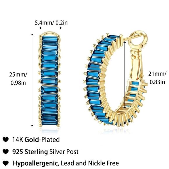 14K Yellow Gold with Swiss Blue Topaz Cubic Zirconia Hoop Leverback Earrings - Picture 4 of 7